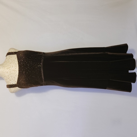 R&K Brown Velvet Gold Glitter Empire Waist Peplum Hem Smocked Zip Back Dress - Picture 1 of 12